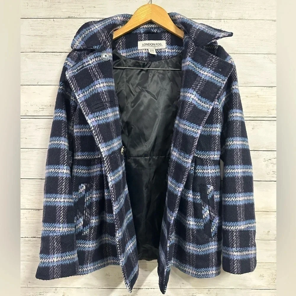 London Fog Girls Plaid Hooded Pea Coat Size 14/16